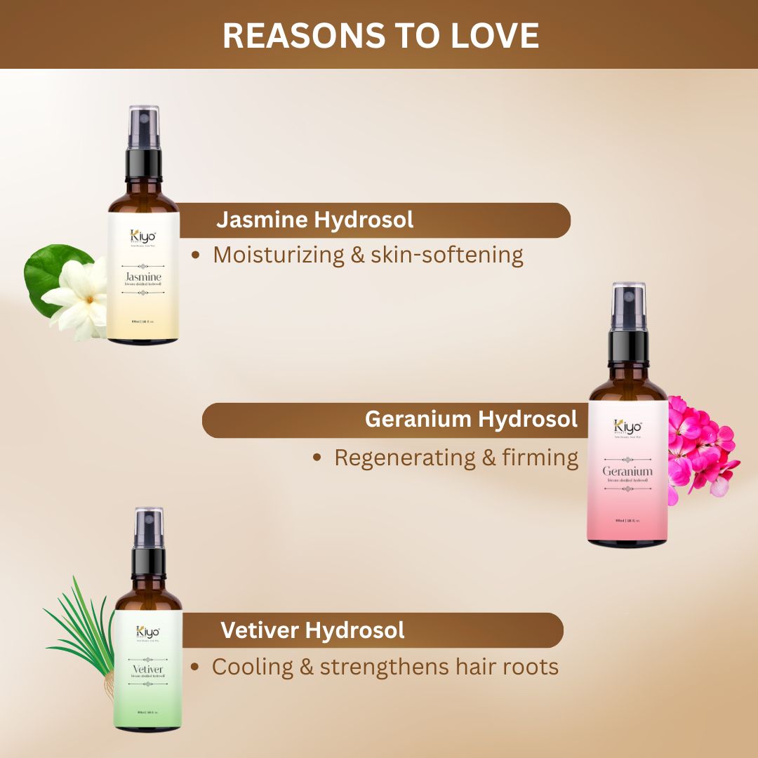 Jasmine + Geranium + Vetiver - Kiyo Beauty Hydrosol Trio-Hydrosol-Kiyo Beauty India-Kiyo Beauty India