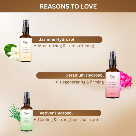 Jasmine + Geranium + Vetiver - Kiyo Beauty Hydrosol Trio-Hydrosol-Kiyo Beauty India-Kiyo Beauty India