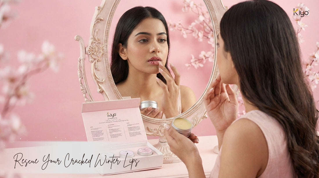 Woman applies Kiyo Beauty lip balm to dry lips in a mirror, with the lip kit open nearby. Soft pink background.