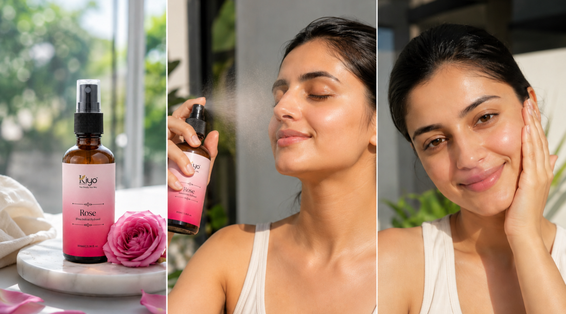Woman applying Kiyo Beauty Rose Hydrosol facial mist with the product bottle displayed alongside, showcasing refreshed, hydrated, and naturally glowing skin in bright natural light.
