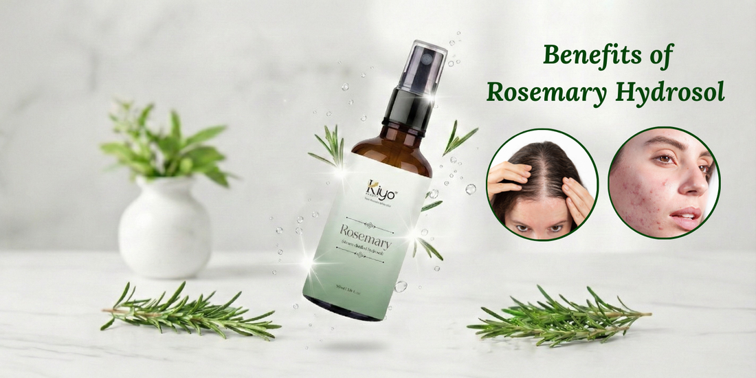 Kiyo Beauty Rosemary Hydrosol bottle with fresh rosemary sprigs, showing benefits for hair scalp balance and skin care, including use as a gentle toner.