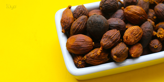Black cardamom (badi elaichi) pods in white bowl on yellow background - Ayurvedic ingredient for hair growth and scalp health