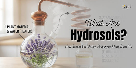 What are hydrosols? Illustration showing steam distillation of plant material to produce floral water and essential oil.